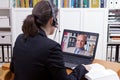 Woman man headsets online chat Royalty Free Stock Photo