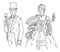 Woman and man holding glass wine. Vintage engraving illustration. Isolated on white Royalty Free Stock Photo
