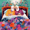 man woman together love happy retired couple old bed grandmother husband asleep. Generative AI. Royalty Free Stock Photo