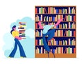 Woman and Man in Library Reading and Searching Books. Young People, Students, Spend Time in Athenaeum Room with Bookshelf Royalty Free Stock Photo