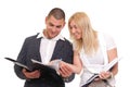 woman and a man looking paper folder Royalty Free Stock Photo