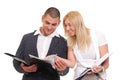 woman and man looking at paper folder Royalty Free Stock Photo