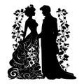 Woman And Man Love Couple Ornamental Silhouettes With Vintage Flowers Borders In Art Nouveau Style. Vector Beautiful Silhouettes