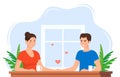 Woman and man in love. Couple at the table. Man holds a woman`s hand and they look at each other. Vector illustration