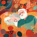 asleep woman man love retired happy couple married old lying together bed. Generative AI.