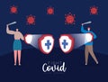 Woman and man with masks and shields and swords fight covid vector design