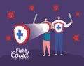 Woman and man with masks and shields and swords fight covid vector design