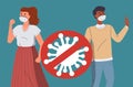 Woman and man in medical face masks. Characters protesting against the spread of viral diseases