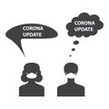 Woman and man with medical mask sign and speech bubble with corona update text, black isolated on white background, vector illustr