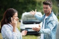 woman and man on phone car crash accident calling problem Royalty Free Stock Photo