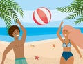 Woman and man playing with beach ball and in the sand Royalty Free Stock Photo