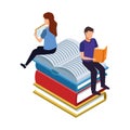 Woman and man reading sitting on big books stack Royalty Free Stock Photo