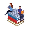 Woman and man reading sitting on big books stack Royalty Free Stock Photo