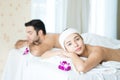 Woman and man relax in skin care aroma therapy and scrub spa, in Thailand resort Royalty Free Stock Photo