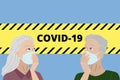 Woman and a man of retirement age, old people in face masks. Prevention and quarantine for coronavirus. Scared covid-19