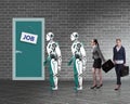 Woman man and robot competing for jobs Royalty Free Stock Photo