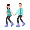 Woman and Man Roller Skating Together Vector Royalty Free Stock Photo