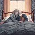 woman couple man happy lying old together love asleep retired bed sleeping. Generative AI. Royalty Free Stock Photo