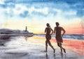 Woman and man are running on the beach in evening time, sunset over ocean Royalty Free Stock Photo