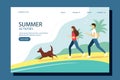 Woman and man running with the dog on the beach. Summer vector illustration in flat style. Design for your purposes with Royalty Free Stock Photo