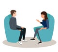 Woman and Man are seating in chairs and discussing some topic. Friends or Businessman And Businesswoman Talk, vector