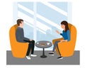 Woman and Man are seating in chairs and discussing some topic. Friends or Businessman And Businesswoman Talk, vector