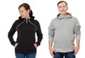 Woman and man set in sweatshirt front view. Guy and female in template hoody clothes for print and copy space isolated on white