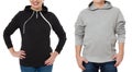 Woman and man set in sweatshirt front view. Guy and female in template hoody clothes for print and copy space isolated on white