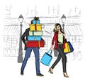 Woman and man with shopping bags