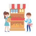 Woman and man shopping with basket and products shelf vector design