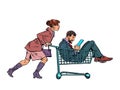 Woman with a man in a shopping cart in a supermarket Royalty Free Stock Photo