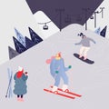 Woman and Man Skiing in the mountains. People character with skis on the snow landscape background. Winter outdoors Royalty Free Stock Photo