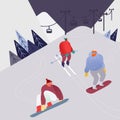 Woman and Man Skiing in the mountains. People character with skis on the snow landscape background. Winter outdoors Royalty Free Stock Photo