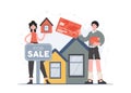 A woman and a man stand in full growth holding a model of a house and a credit card in their hands. Realtors. Flat style Royalty Free Stock Photo