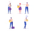 Woman and man standing with a case and box, firing from job. Concept of unemployment, fired, work conflict, dismissal, Royalty Free Stock Photo