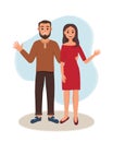 A woman and a man are standing. Vector illustration of happy lovers. Smiling couple waving hand. Brother and sister