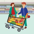 Woman and man at supermarket flat style illustration. Family shopping illustration. Family is shopping at supermarket Royalty Free Stock Photo