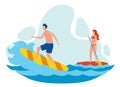 Woman and Man Surfing Flat Vector Illustration