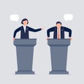 A woman and man taking part in debates.