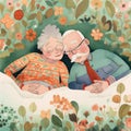 woman man asleep bed happy love old couple retired together illustration rest. Generative AI.