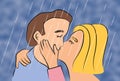 Woman and man two people kissing in rain weather and holding each other