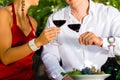 Woman and man in vineyard drinking wine Royalty Free Stock Photo