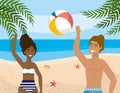 Woman and man wearing swimsuit and playing with ball Royalty Free Stock Photo