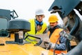 Woman and man worker in quarry on excavation machine Royalty Free Stock Photo