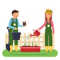 Woman and man working in garden. Different tools for farming and gardening. Vector characters in flat style