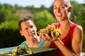 Woman and man working with grape harvesting machine Royalty Free Stock Photo