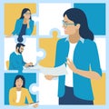 A woman manager gives tasks to subordinates. Flat design.