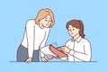 Woman manager sitting at table near assistant using clipboard with working papers. Vector image