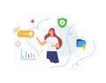 woman manages virtual data icon, illustration. Smartphones tablets user interface social media.Flat illustration Icons