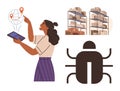 Woman managing global logistics on tablet, warehouse shelves, and digital bug symbolizing software debugging Royalty Free Stock Photo